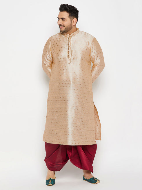Vastramay Men's Plus Size Gold Zari Weaved Kurta Dhoti Set